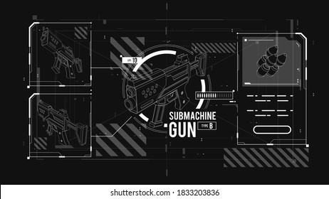 UI for game. Vector Sub Machine Gun HUD Design Vector Illustration. Weapon design poster for website, book cover, mobile app, and games.