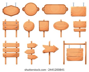 UI Spiel Holzbretter. Cartoon-Hänge- und Stehschilder, alte rustikale Tabletten, leere Designvorlagen, strukturierte Tafeln, Hartholz-Schilder und leere Banner, Vektor-isoliertes Set