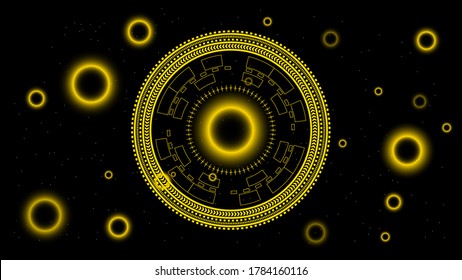 UI Hi-tec interface black and gold abstract digital technology with glowing particles, vector illustration
