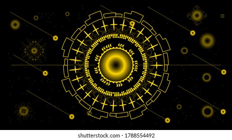UI Hi-tec interface black and gold abstract digital technology with glowing particles, vector illustration
