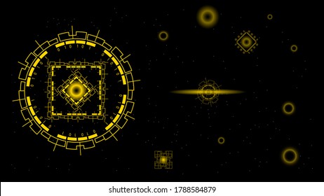UI Hi-tec interface black and gold abstract digital technology with glowing particles, vector illustration