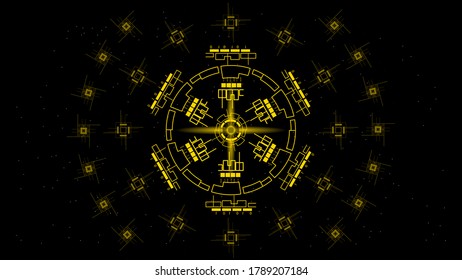 interfaz UI Hi-tec tecnología digital abstracta en negro y oro con partículas brillantes, ilustración vectorial