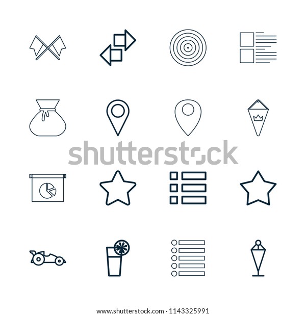 Ui icon. collection of 16 ui outline\
icons such as flag, star, menu, arrow, location, cocktail, car,\
sack, pie chart. editable ui icons for web and\
mobile.