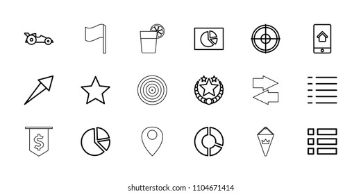 Ui icon. collection of 18 ui outline icons such as pie chart, menu, arrow, target, home on phone display, star, car, flag, dollar sign. editable ui icons for web and mobile.