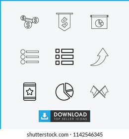 Ui icon. collection of 9 ui outline icons such as star, pie chart, menu, dollar sign, arrow. editable ui icons for web and mobile.