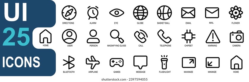 ui icon collection. contains icons of DIRECTIONS, alarm, eye, globe, email, mail, flower, menu, home, user, search, telephone, camera, warning, bluetooth, plane, game, message. outline icon style.