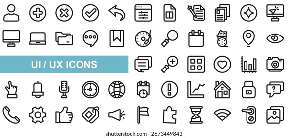 Conjunto de colecciones de iconos de interfaz de usuario. personas, agregar, Borrar, comprobar, Deshacer, configuración, notas, torre de señal, icono de conectividad. Vector de línea simple.
