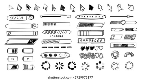 UI icon doodle. Hand drawn cursor button and interface slider, loading spinner, toggle switch and pointer, search bar and battery charge sign for web dashboard, app mockup. Vector sketch isolated set.
