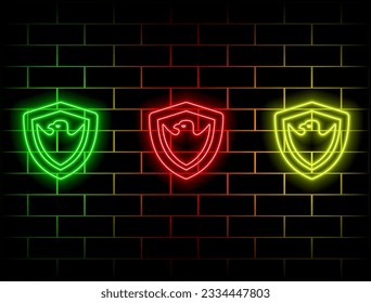 ui icon with neon light isolated on bricks background. eagle style shield. Green, red, yellow, pink, blue, orange.