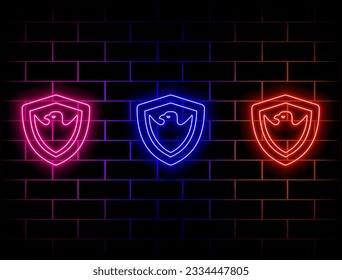 ui icon with neon light isolated on bricks background. eagle style shield. Green, red, yellow, pink, blue, orange