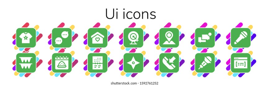 ui icon set. 14 filled ui icons. Included Shirt, Flags, Chat, Calendar, Home, Goal, Star, Placeholder, Phone, Microphone, Browser icons