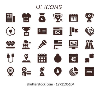  ui icon set. 30 filled ui icons. Simple modern icons about  - Text, Shirt, Money bag, Trophy, Calendar, Plug, Envelope, Browser, Flag, Phone, Hamburger, Boy, Microphone, Web design