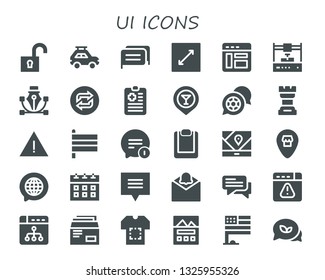 ui icon set. 30 filled ui icons.  Simple modern icons about  - Unlock, Car, Chat, Resize, Browser, 3d printer, Vector, Loop, Clipboard, Placeholder, Chess, Alert, Flags, Gps, Location