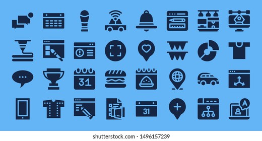 ui icon set. 32 filled ui icons. on blue background style Collection Of - Chat, 3d printer, Phone, Calendar, Web design, Trophy, Shirt, Browser, Car, Maximize, Hamburger, Discussion