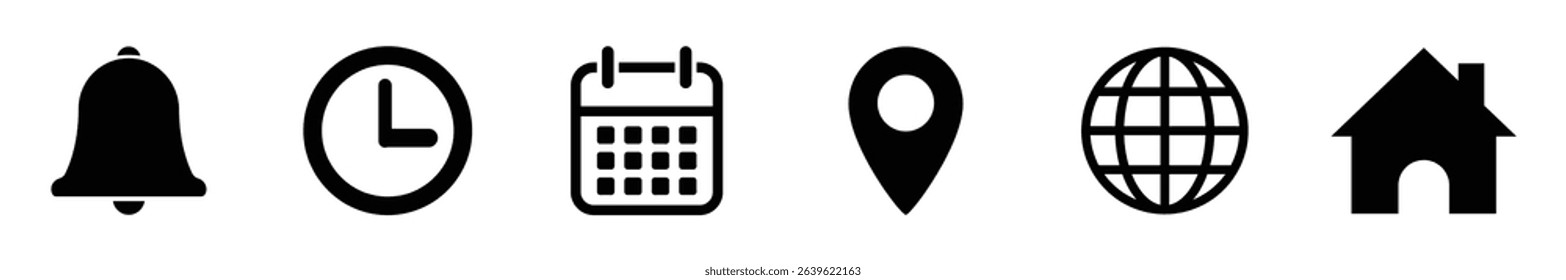 UI icon set with bell, clock, calendar, location pin, globe, and home icons in black outline style. Ideal for reminders, time, alerts, navigation, maps, and web interfaces. Icons, vector.