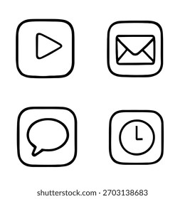 Conjunto de iconos Ui que consiste en jugar chat de correo electrónico y interfaz de aplicación de tiempo Ilustración vectorial de diseño de comunicación de experiencia de usuario