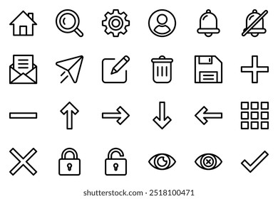 Conjunto de iconos de interfaz de usuario con colección de símbolos de estilo de línea detallada para el Web