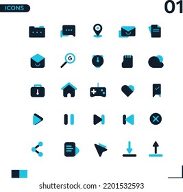 UI Icon set with filled, minimalistic, app, mobile, modern, web, high quality, vector illustration on blue white background.