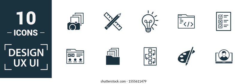 Ui icon set. Include creative elements search, done, thumb up, zoom out, volume up icons. Can be used for report, presentation, diagram, web design.