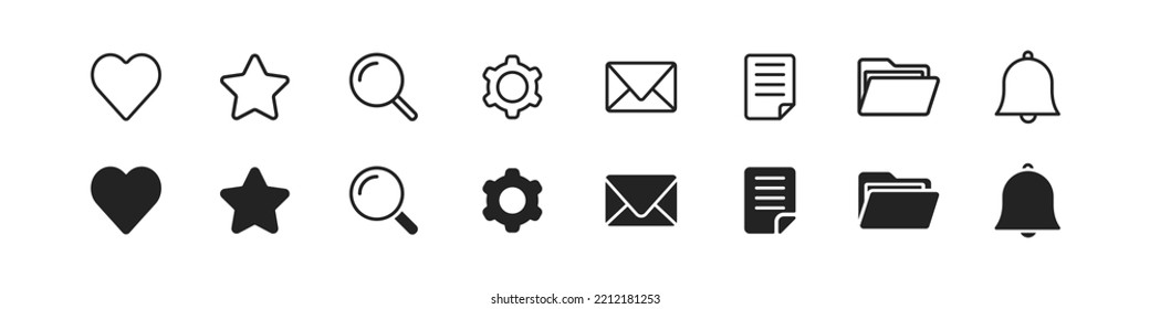 conjunto de iconos de la interfaz de usuario. Símbolo de correo. Corazón, rueda cognoscitiva, búsqueda, estrella, correo, recordatorio, carpeta y signos de fax. Concepto de diseño de aplicaciones. Ilustración vectorial. 