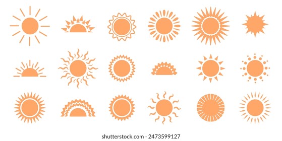 UI icon sun with rays, isolated set of sunshine and sunny weather indication. Vector icons of sunset and sunrise. Hot temperature and climate change, simple stylish stickers with sunbeams