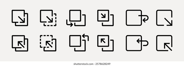 UI icon vectors. Set of 12 minimal arrow icons in black, featuring rotation and direction symbols. Simple arrow designs for interface and graphic projects. User interface icons, UI icon vector set.