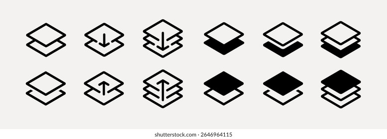 Vetores de ícone da interface do usuário. Conjunto de 12 ícones em preto e branco mostrando quadrados em camadas. Ícones em camadas com setas. Design simples em camadas. Símbolos em camadas em vários estilos. Ícones da interface do usuário, conjunto de vetores de ícone da interface do usuário.