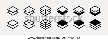 UI icon vectors. Set of 12 black and white icons showing layered squares. Layered icons with arrows. Simple layered design. Layered symbols in various styles. User interface icons, UI icon vector set.