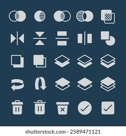UI icon vectors. Set of 25 minimalist white icon designs on a dark background, featuring various shapes and symbols like layers, checkmarks, and trash bins. User interface icons, UI icon vector set.