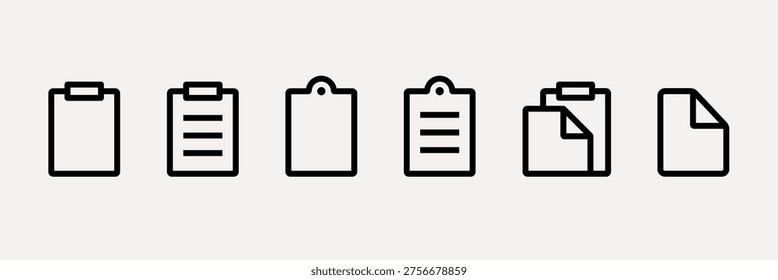 UI icon vectors. Set of six clipboard icons in black outline. Each clipboard has a unique design. Simple, minimalist clipboard icons for documents and notes. User interface icons, UI icon vector set.
