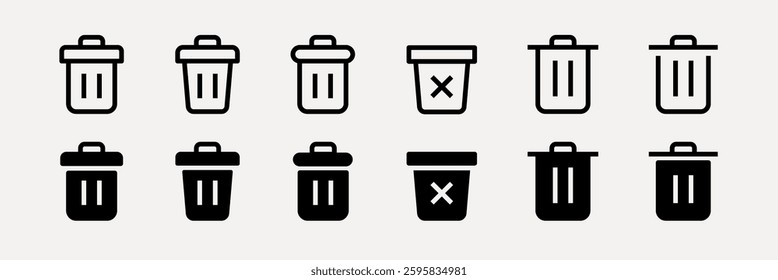 UI icon vectors. Set of trash can icons in various styles. Trash can symbols include lids and handles. Simple and modern trash can designs for digital use. User interface icons, UI icon vector set.