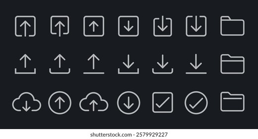 UI icon vectors. Set of upload and download icons. Arrows for upload and download. Cloud, folder, and checkmark symbols. Minimalist upload and download icons. User interface icons, UI icon vector set.