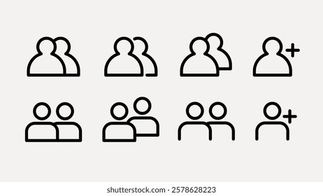 UI icon vectors. Set of user icons in black outline. Includes pairs and single user icons with plus sign. Simple, minimalist user icons for interface design. User interface icons, UI icon vector set.