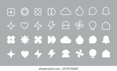 UI icon vectors. Set of white icons on a gray background. Icons include flowers, clouds, lightning, and hearts. Simple, minimalist icons for design projects. User interface icons, UI icon vector set.