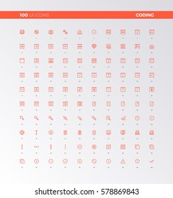 Iconos de interfaz de usuario de aplicaciones programando, proceso de codificación. pictogramas UX para diseño de interfaz de usuario, aplicaciones web y software de computadora. 32px juego de iconos de línea simple. Símbolos de calidad superior y colección de logotipos web de signos.