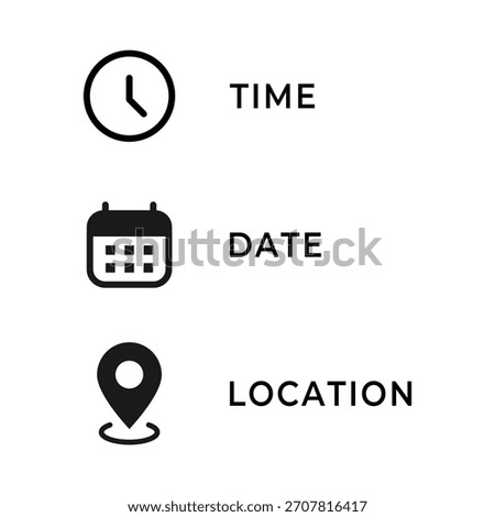 UI icons. Clock, calendar date and location marker vector illustration. Event schedule elements for planning symbol. Navigation and reminder details sign. Modern interface concept pictogram.