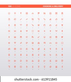 UI icons of food delivery service, cooking recipe, meal ingredients. Culinary elements for cafe, bar, restaurant menu. 32px simple line icons set. Premium quality symbols and sign web logo collection.