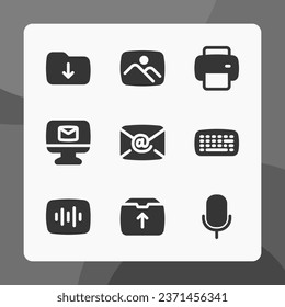 UI icons in glyph style, for ui ux design, website icons, interface and business. Including download folder, image file, print, email, keyword, audio file, microphone, etc.
