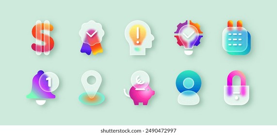 UI icons with matte glassmorphism effect. Transparent frosted glass morphism money sign, pin, human head, security lock, calendar, person user or business solution blur gradient buttons for mobile app