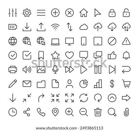 UI Icons for Media and Web, Icon Set. Minimalist for Websites, Applications, and Programs. User, Message, File, Media, Button, Chat, Arrow, Search, Settings, Heart, Upload. Line with editable stroke