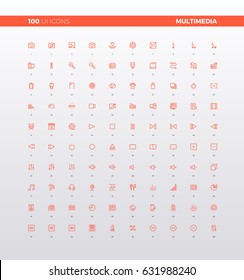 UI icons of multimedia elements for media presentation, audio settings, sound editor application, video camera record. 32px simple line icons set. Premium quality symbols and sign web logo collection.