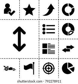 Ui icons. set of 13 editable filled ui icons such as pie chart, target, arrow, flag, add user, car, menu