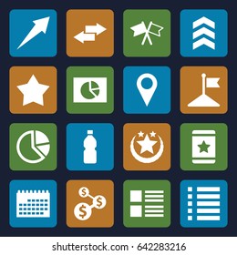 Ui icons set. set of 16 ui filled icons such as flag, star, menu, bottle, arrow, calendar, pie chart, dollar sign