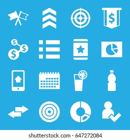 Ui icons set. set of 16 ui filled icons such as star, cocktail, flag, home on phone display, add user, bottle, arrow, target, calendar, pie chart, dollar sign