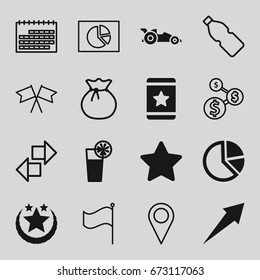 Ui icons set. set of 16 ui filled and outline icons such as star, cocktail, car, arrow, flag, bottle, sack, calendar, pie chart, dollar sign