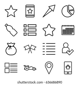 Ui icons set. set of 16 ui outline icons such as star, menu, flag, home on phone display, add user, car, bottle, sack, calendar, arrow, pie chart