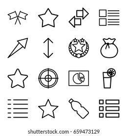 Ui icons set. set of 16 ui outline icons such as menu, cocktail, flag, arrow, bottle, sack, star, pie chart