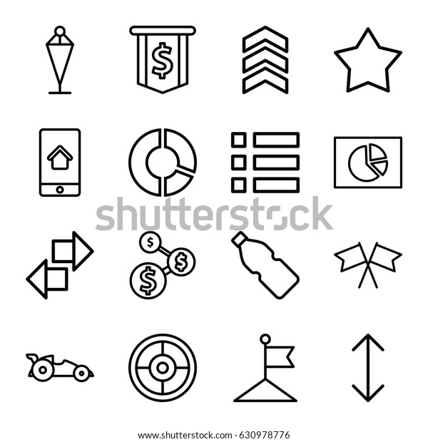 Ui icons set. set of 16 ui outline icons such as\
flag, home on phone display, arrow, car, bottle, pie chart, dollar\
sign, menu, star