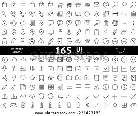 UI icons set. 165 vector thin line mini icons set. Thin line simple outline icons. Pixel Perfect. Editable stroke.