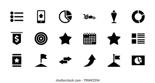 Ui icons. set of 18 editable filled ui icons: flag, star, menu, pie chart, target, arrow, home on phone display, car, calendar